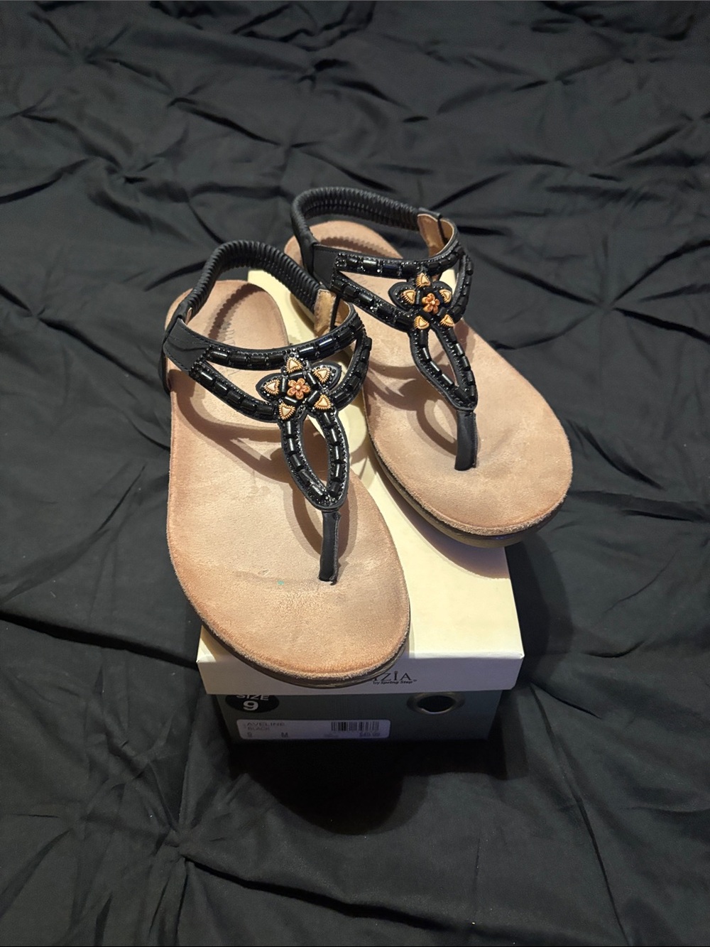 Black Beaded T-Strap Sandals with Tan Footbed